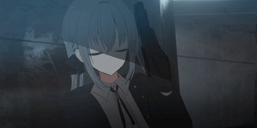 1girl animated animated_gif bangs black_bow black_gloves black_jacket bow braid chihuri closed_eyes closed_mouth collared_shirt dress_shirt eve_(chihuri) eyebrows_visible_through_hair gloves grey_eyes grey_hair grey_shirt gun hair_between_eyes hair_bow hand_up handgun highres holding holding_gun holding_weapon hood hood_down hooded_jacket jacket long_hair long_sleeves looking_at_viewer open_clothes open_jacket original pistol shirt solo upper_body weapon weapon_request