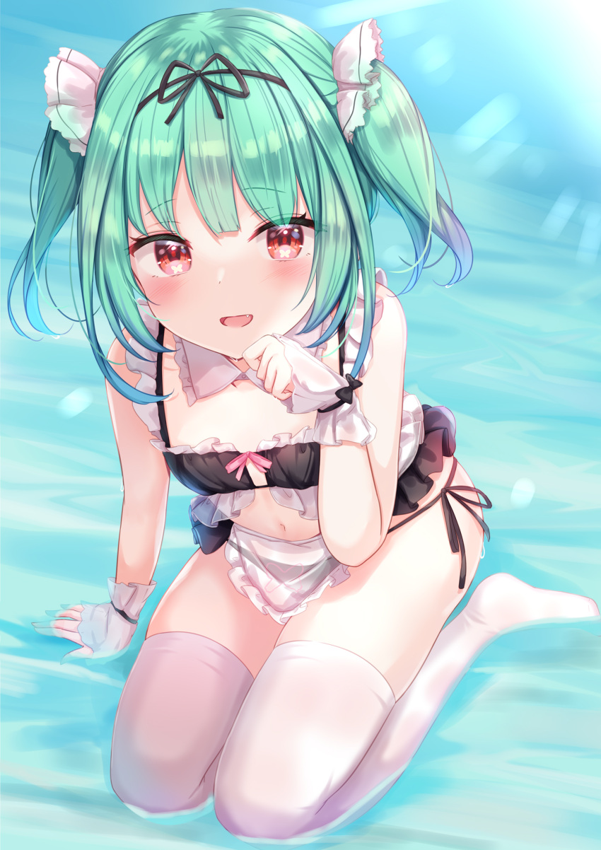 1girl apron arm_support bangs bare_arms bikini black_bikini black_ribbon blush commentary_request detached_collar eyebrows_visible_through_hair fang frilled_bikini frills from_above full_body green_hair hair_ribbon hand_up highres hololive looking_at_viewer maid_bikini navel no_shoes open_mouth paw_pose red_eyes ribbon short_hair side-tie_bikini sitting smile solo swimsuit thigh-highs two_side_up uruha_rushia virtual_youtuber waist_apron water white_apron white_legwear white_ribbon wrist_cuffs yuano