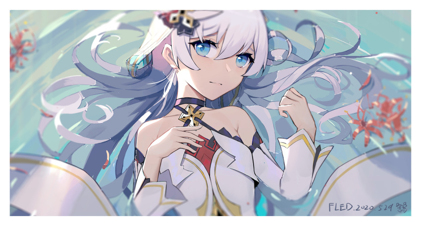 1girl bangs bare_shoulders blue_eyes closed_mouth dress fled flower hair_between_eyes hair_ornament highres honkai_(series) honkai_impact_3rd lying on_back red_flower smile solo spider_lily theresa_apocalypse theresa_apocalypse_(celestial_hymn) water wet wet_clothes wet_hair white_dress white_hair