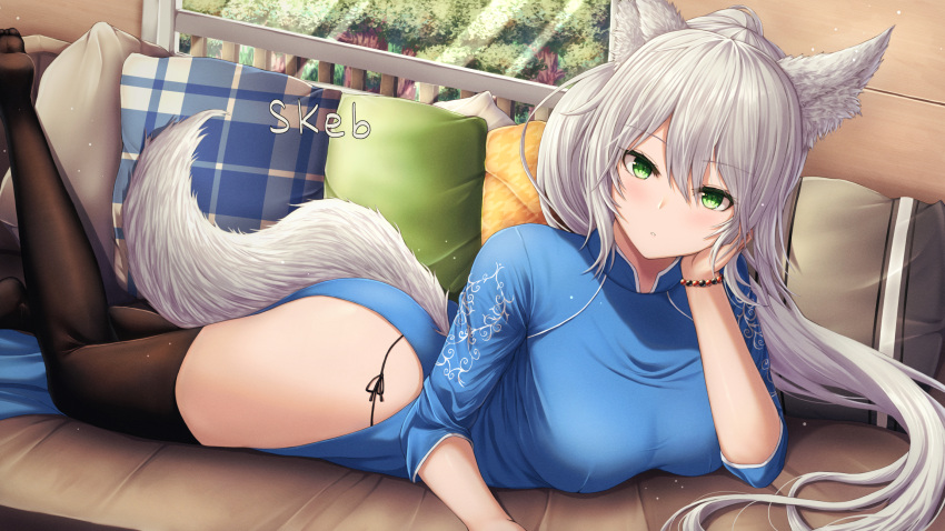 1girl animal_ear_fluff animal_ears bead_bracelet beads blue_dress borrowed_character bracelet breasts brown_legwear buran_(22x) cheek_rest commission dress expressionless fox_ears fox_girl fox_tail highres jewelry large_breasts leg_up lying no_shoes on_stomach original panties parted_lips pelvic_curtain pillow ponytail side-tie_panties side-tie_peek skeb_commission solo tail thigh-highs thighs underwear vietnamese_dress