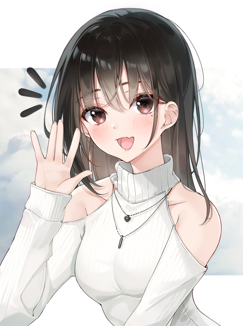 1girl absurdres black_hair blush breasts brown_eyes eyebrows_visible_through_hair fang highres jewelry lebring long_hair long_sleeves looking_at_viewer medium_breasts mole mole_under_eye necklace open_mouth original skin_fang smile solo sweater turtleneck turtleneck_sweater waving white_sweater