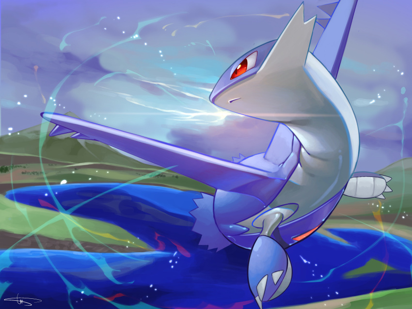 absurdres animal_focus artist_name aura blue_sky blue_theme claws closed_mouth clouds commentary day dragon flying full_body gen_3_pokemon highres lake latios legendary_pokemon looking_back midair outdoors pokemon pokemon_(creature) red_eyes rio_(user_nvgr5434) signature sky solo water wings