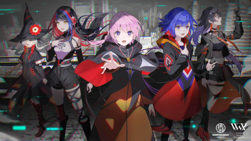 5girls alternate_costume bangs bare_shoulders black_gloves black_hair blue_hair boots city colored_inner_hair copyright_name detached_sleeves flower glitch gloves grey_eyes hand_on_own_chest hand_up harusaruhi hat hat_flower highres hood hood_down hoshizaki_reita isekai_joucho kaf_(kamitsubaki_studio) kamitsubaki_studio koko_(kamitsubaki_studio) logo long_hair long_sleeves multicolored multicolored_eyes multicolored_hair multiple_girls official_art open_mouth outstretched_hand pink_hair ponytail redhead rim_(kamitsubaki_studio) short_sleeves shorts silver_hair two-tone_hair violet_eyes virtual_youtuber witch_hat yellow_eyes yellow_pupils