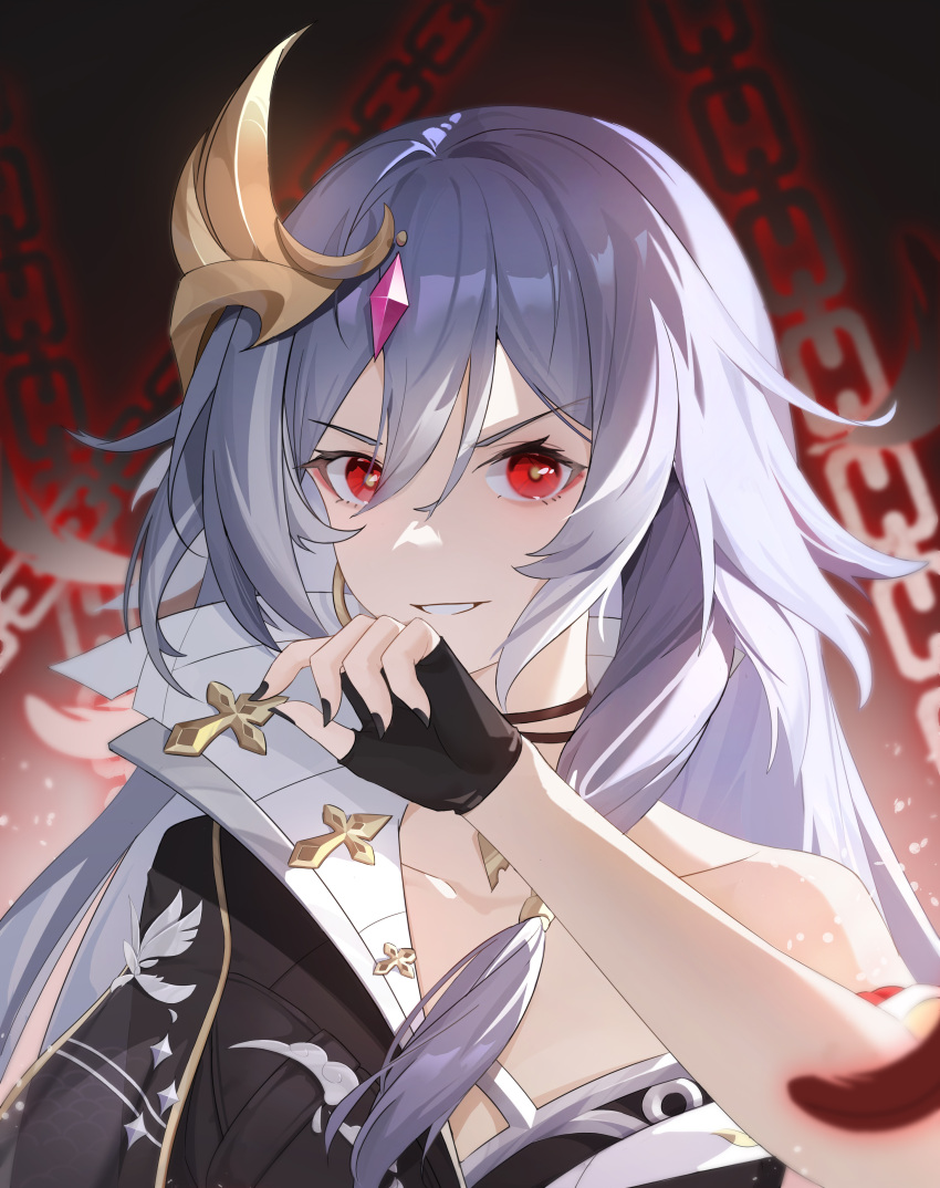 1girl absurdres asymmetrical_sleeves black_gloves black_nails chain evil_grin evil_smile fingerless_gloves fu_hua fu_hua_(herrscher_of_sentience) gloves grey_hair grin hair_between_eyes hair_ornament highres honkai_(series) honkai_impact_3rd long_hair looking_at_viewer nail_polish portrait red_eyes smile solo sye- teeth uneven_sleeves v-shaped_eyebrows