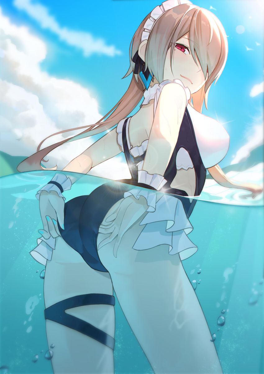 1girl absurdres adjusting_clothes adjusting_swimsuit arms_behind_back ass back bangs beach blue_nails blue_sky breasts brown_hair bubble closed_mouth clouds cloudy_sky frilled_swimsuit frills hair_over_one_eye highres honkai_(series) honkai_impact_3rd long_hair looking_at_viewer looking_back maid maid_headdress mole mole_under_eye nail_polish one-piece_swimsuit rita_rossweisse rita_rossweisse_(phantom_iron) sideboob sky smile soaking_feet soaking_hands solo swimsuit sye- twintails violet_eyes water