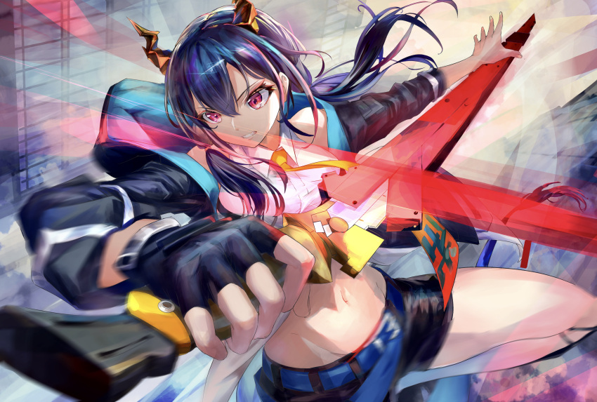 1girl absurdres anmitu_(sui_3959) arknights bangs bare_shoulders belt black_gloves black_jacket black_shorts blue_belt blue_hair breasts ch'en_(arknights) clenched_teeth collared_shirt commentary_request cowboy_shot dragon_horns dragon_tail eyebrows_visible_through_hair fingerless_gloves floating_hair gloves glowing glowing_sword glowing_weapon groin hair_between_eyes hands_up highres holding holding_sword holding_weapon hood hood_down hooded_jacket horns jacket kneehighs long_hair low_twintails medium_breasts midriff motion_blur navel necktie off_shoulder outstretched_arm partially_unbuttoned red_eyes shirt short_shorts shorts sidelocks single_fingerless_glove sleeveless solo standing standing_on_one_leg sword tail teeth twintails weapon white_legwear white_shirt yellow_neckwear