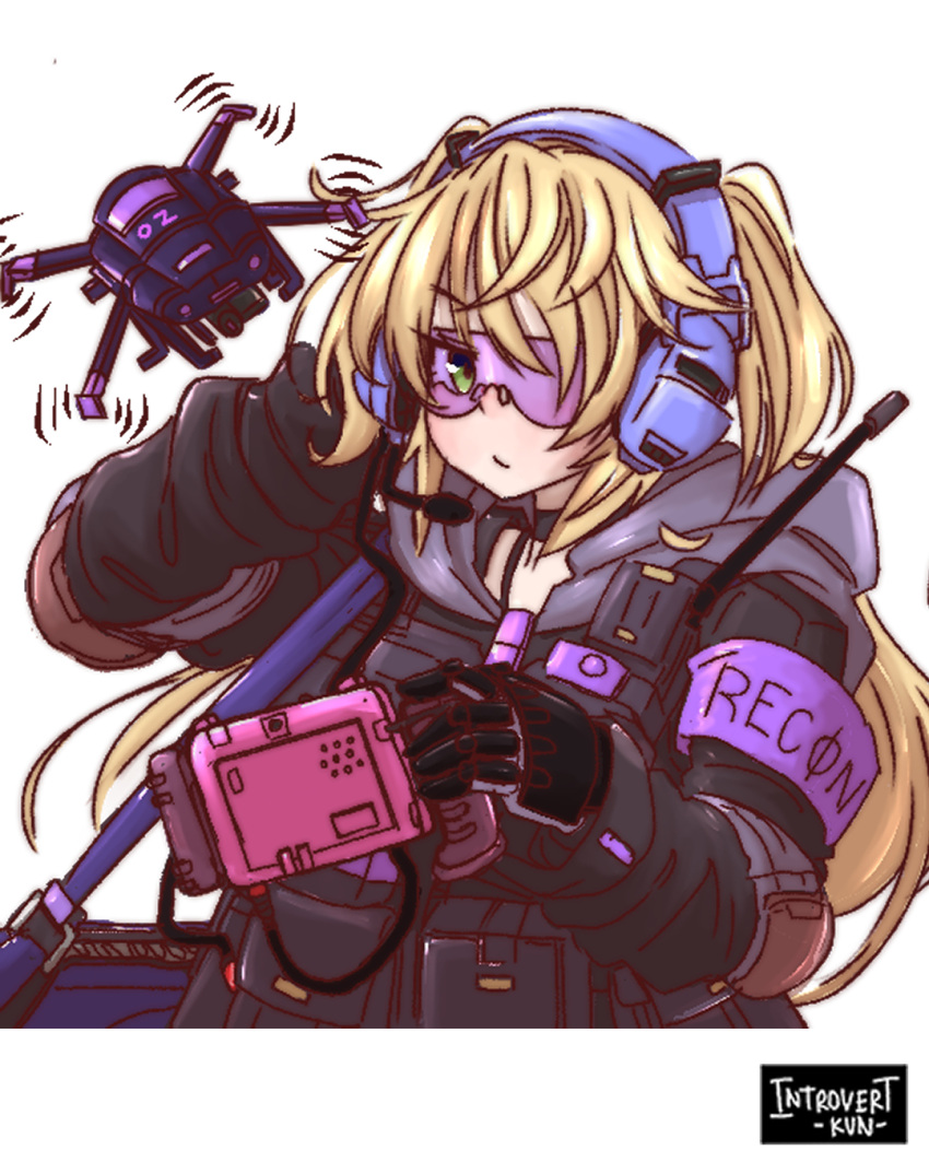 alternate_costume bag bespectacled blonde_hair bulletproof_vest choker drone fischl_(genshin_impact) genshin_impact glasses green_eyes headset highres holding introvert-kun pocket shoulder_bag tablet_pc tactical_clothes two_side_up