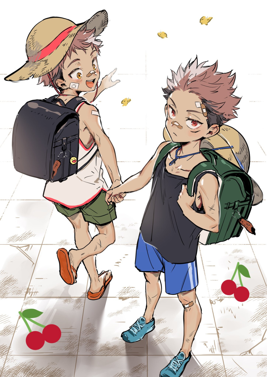 2boys backpack bag bandaid bandaid_on_forehead bandaid_on_knee bandaid_on_nose bikkusama black_hair black_tank_top blue_shorts brown_hair cherry child closed_mouth collarbone food fruit full_body green_shorts hat highres holding_hands itadori_yuuji jujutsu_kaisen multiple_boys orange_footwear randoseru ryoumen_sukuna_(jujutsu_kaisen) sandals short_hair shorts straw_hat tank_top undercut white_background white_tank_top younger