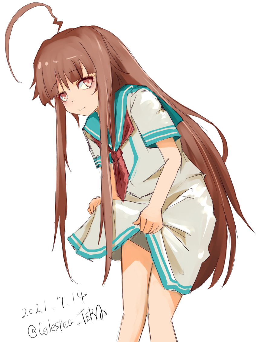 1girl adapted_costume ahoge aqua_sailor_collar brown_eyes brown_hair celestea_tera cowboy_shot dated dress highres huge_ahoge kantai_collection kuma_(kancolle) leaning_forward long_hair one-hour_drawing_challenge sailor_collar sailor_dress short_sleeves simple_background skirt_hold solo twitter_username white_background white_dress