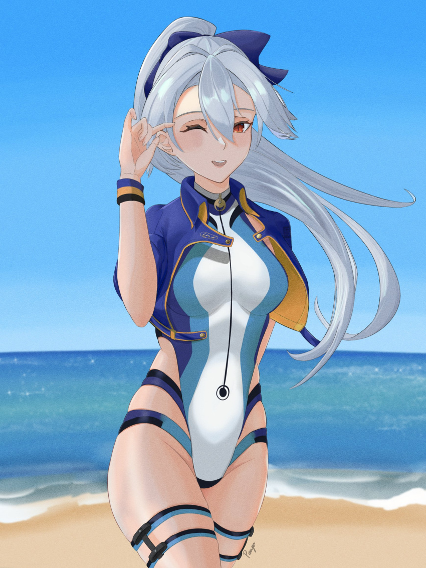 1girl :d beach blue_bow blue_jacket blue_sky blue_swimsuit blush bow breasts competition_swimsuit eipanguino fate/grand_order fate_(series) hair_between_eyes hair_bow highleg highleg_swimsuit highres jacket laughing long_hair looking_at_viewer medium_breasts multicolored multicolored_clothes multicolored_swimsuit ocean one-piece_swimsuit one_eye_closed open_clothes open_jacket open_mouth outdoors ponytail red_eyes short_sleeves signature silver_hair sky slit_pupils smile solo striped striped_swimsuit striped_wristband swimsuit thigh_strap tomoe_gozen_(fate) tomoe_gozen_(swimsuit_saber)_(fate) white_swimsuit