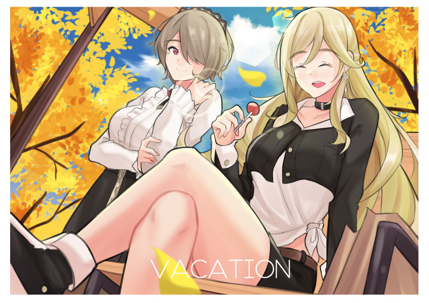 2girls :d absurdres arm_under_breasts bangs bench bianka_durandal_ataegina black_footwear blonde_hair blue_sky brown_hair candy casual closed_eyes closed_mouth clouds cloudy_sky crossed_legs food haerge hair_between_eyes hair_ornament hair_over_one_eye highres holding holding_food honkai_(series) honkai_impact_3rd lollipop long_hair long_sleeves looking_at_another multiple_girls open_mouth rita_rossweisse shirt shoes short_hair signpost sitting sky smile sneakers tree white_shirt
