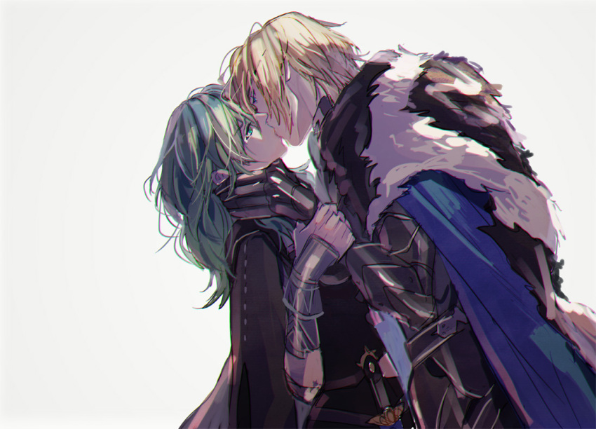 1boy 1girl amu_(nsk0) aqua_hair blonde_hair blue_cape blue_eyes byleth_(fire_emblem) byleth_eisner_(female) cape cowboy_shot dimitri_alexandre_blaiddyd fire_emblem fire_emblem:_three_houses fur_collar gauntlets hands_on_another's_neck holding_another's_arm kiss profile short_hair simple_background sketch standing white_background