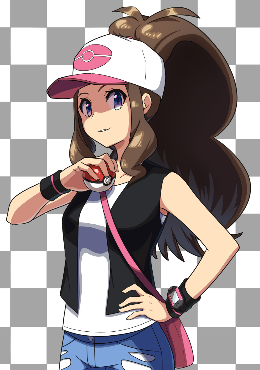 1girl absurdres anmitu611 bag black_background blue_eyes breasts brown_hair checkered checkered_background commentary_request cowboy_shot denim denim_shorts hair_over_shoulder hair_through_headwear hand_on_hip hand_up handbag highres hilda_(pokemon) holding holding_poke_ball long_hair looking_at_viewer parted_lips pink_bag poke_ball poke_ball_(basic) pokemon pokemon_(game) pokemon_bw ponytail shadow shiny shiny_hair shorts simple_background small_breasts smile solo two-tone_background watch watch white_background wristband