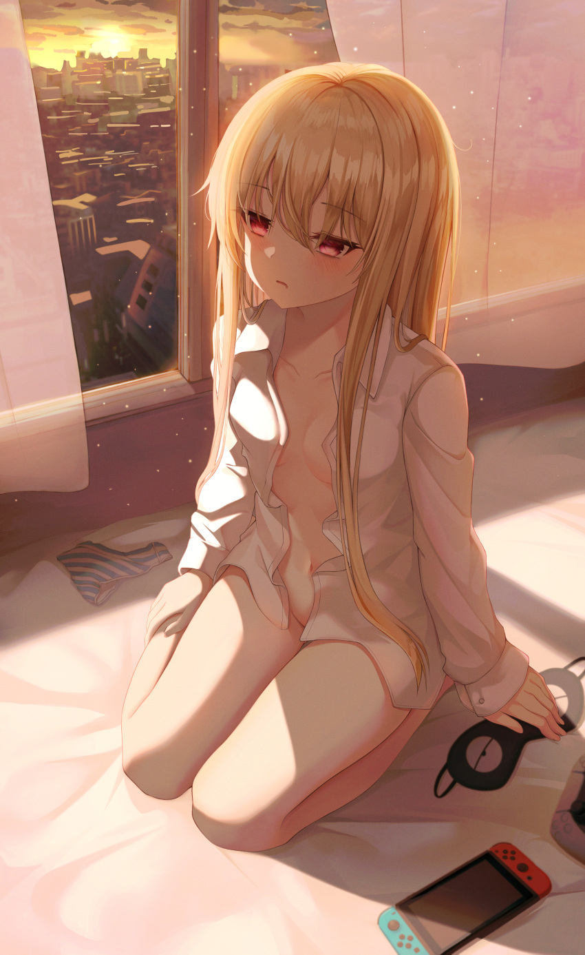 1girl absurdres blonde_hair breasts closed_mouth collarbone curtains empty_eyes fakegeo highres huge_filesize indoors long_hair long_sleeves naked_shirt navel nintendo_switch on_bed open_clothes open_shirt original red_eyes seiza shirt sitting sleep_mask small_breasts solo sun sunlight sunrise thighs waking_up white_shirt