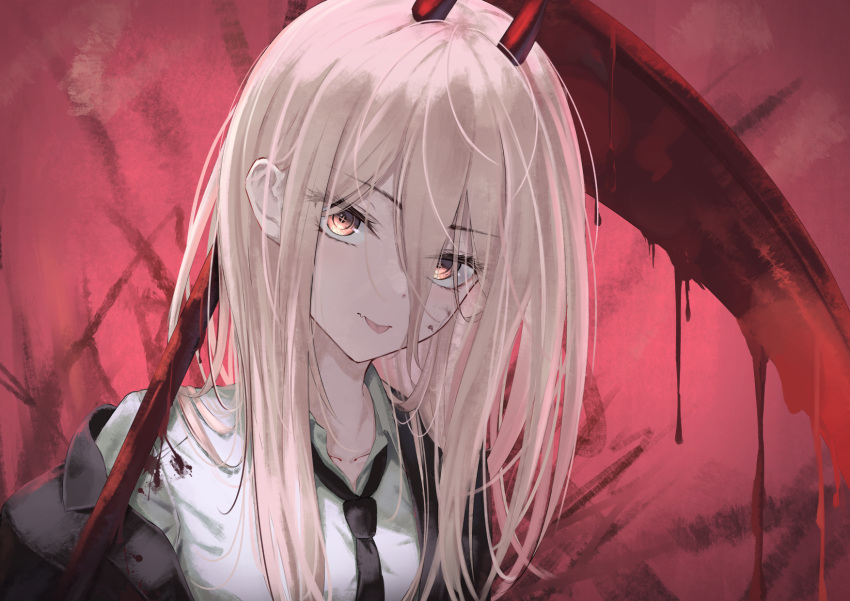1girl black_jacket black_neckwear blonde_hair blood blood_on_face bloody_clothes chainsaw_man collared_shirt dripping highres horns jacket long_hair looking_at_viewer marinesnow necktie off_shoulder oni_horns power_(chainsaw_man) scythe shirt sidelocks solo tongue tongue_out upper_body white_shirt