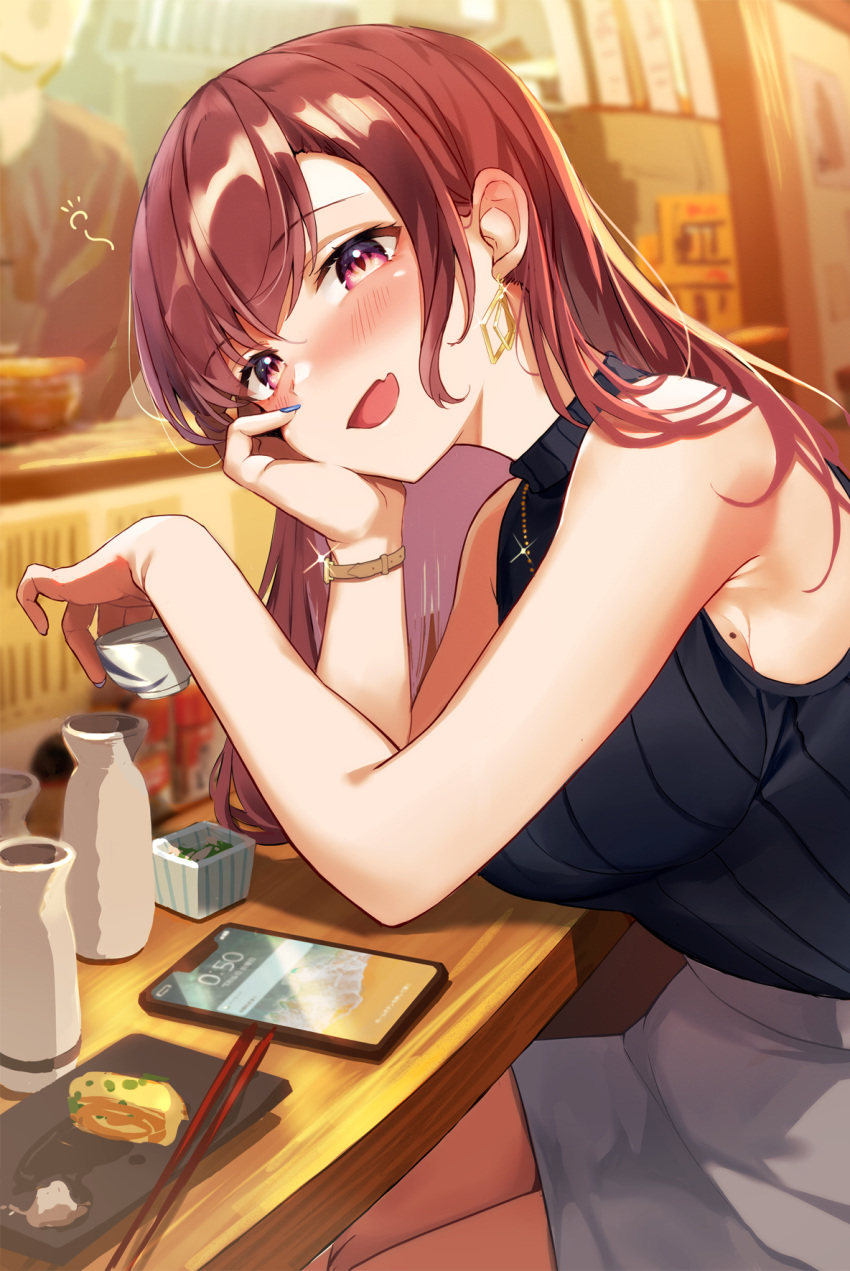 1girl alcohol arm_support armpit_peek blue_nails blush breasts cellphone choko_(cup) chopsticks commentary_request cup earrings eating fang hand_on_own_face highres holding holding_cup indoors iphone_x jewelry large_breasts leaning_on_table looking_at_viewer mole mole_on_breast monoto nail_polish open_mouth original pencil_skirt phone red_eyes redhead ribbed_sweater sake sitting skin_fang skirt smartphone smile solo sweater sweater_tucked_in sweater_vest turtleneck turtleneck_sweater