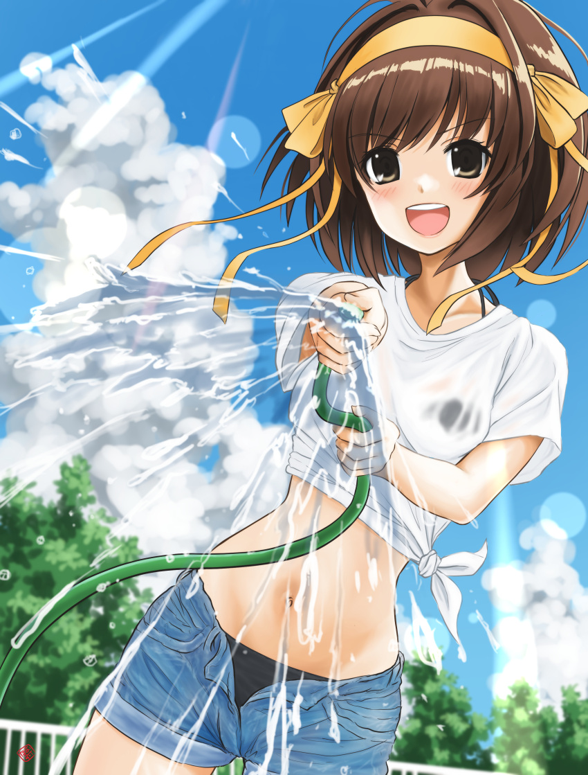 1girl absurdres bangs black_panties blue_shorts blue_sky blush brown_eyes brown_hair clouds commentary_request day eyebrows_visible_through_hair fence hair_ribbon hairband highres holding holding_hose hose looking_at_viewer nao_suke navel open_fly open_mouth outdoors panties ribbon shirt short_hair short_shorts short_sleeves shorts sky smile solo standing suzumiya_haruhi suzumiya_haruhi_no_yuuutsu teeth tied_shirt tree underwear water wet wet_clothes white_shirt yellow_hairband yellow_ribbon