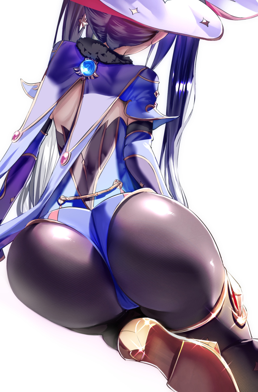 1girl ass black_hair black_legwear blue_leotard capelet commentary earrings elbow_gloves from_behind fur_trim genshin_impact gloves hat high_heels highleg highleg_leotard highres jewelry leotard long_hair mona_(genshin_impact) pantyhose shiny shiny_clothes shiny_hair simple_background sitting solo sparkle thigh_strap tied_hair twintails uenoryoma white_background witch_hat