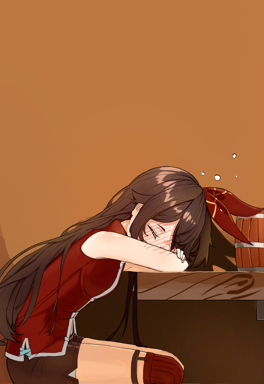 1girl alternate_costume amber_(genshin_impact) bangs blush brown_hair cup drinking drunk genshin_impact hair_between_eyes hair_ribbon highres long_hair lovelyme red_ribbon ribbon shorts sitting sleeping table