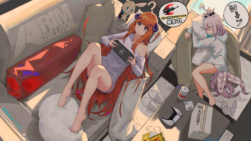 2girls ? absurdres airnery arknights bagpipe_(arknights) bare_legs commentary controller couch dated dragon_horns game_controller highres holding horns indoors kirara_(arknights) knees_up long_hair long_sleeves multiple_girls on_couch orange_hair pink_hair playing_games rim_billiton_logo shirt short_hair sitting sleeping slippers speech_bubble stuffed_animal stuffed_bunny stuffed_toy thought_bubble very_long_hair violet_eyes white_shirt