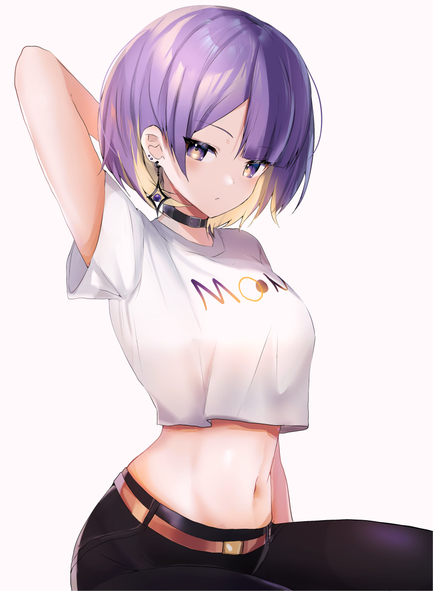 1girl absurdres arm_behind_head arm_up bangs black_choker black_pants blonde_hair breasts choker colored_inner_hair commentary crop_top earrings eyebrows_visible_through_hair highres hololive hololive_indonesia jewelry looking_at_viewer maru_ccy moona_hoshinova multicolored_hair navel pants purple_hair shirt short_hair short_sleeves simple_background sitting solo stomach violet_eyes virtual_youtuber white_background white_shirt