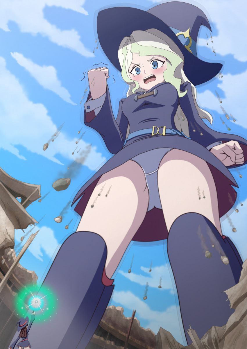 2girls absurdres angry ass belt blonde_hair blue_eyes blue_sky blush boots breasts brown_hair casting_spell clenched_hand clenched_hands clouds day debris destruction diana_cavendish dress embarrassed fist_shaking giant giantess gradient_hair green_hair growth hat highres jenny_secret kagari_atsuko little_witch_academia long_hair looking_at_another looking_down luna_nova_school_uniform magic multicolored_hair multiple_girls open_mouth panties pantyshot purple_dress rubble school_uniform sky thighs underwear v-shaped_eyebrows wand white_panties witch witch_hat