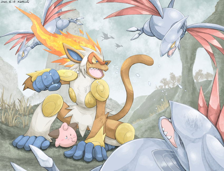 blue_eyes cleffa colored_sclera commentary_request dated day fire flying gen_2_pokemon gen_4_pokemon highres infernape katkichi looking_back open_mouth outdoors pokemon pokemon_(creature) protecting sharp_teeth signature skarmory squatting teeth tongue yellow_sclera