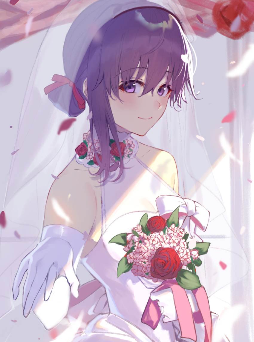 1girl bangs bare_shoulders blush bouquet breasts bridal_veil bride chip_le_cree dress elbow_gloves fate/stay_night fate_(series) flower gloves hair_ribbon highres holding holding_bouquet large_breasts long_hair looking_at_viewer matou_sakura purple_hair red_ribbon ribbon smile solo veil violet_eyes wedding_dress white_dress white_gloves