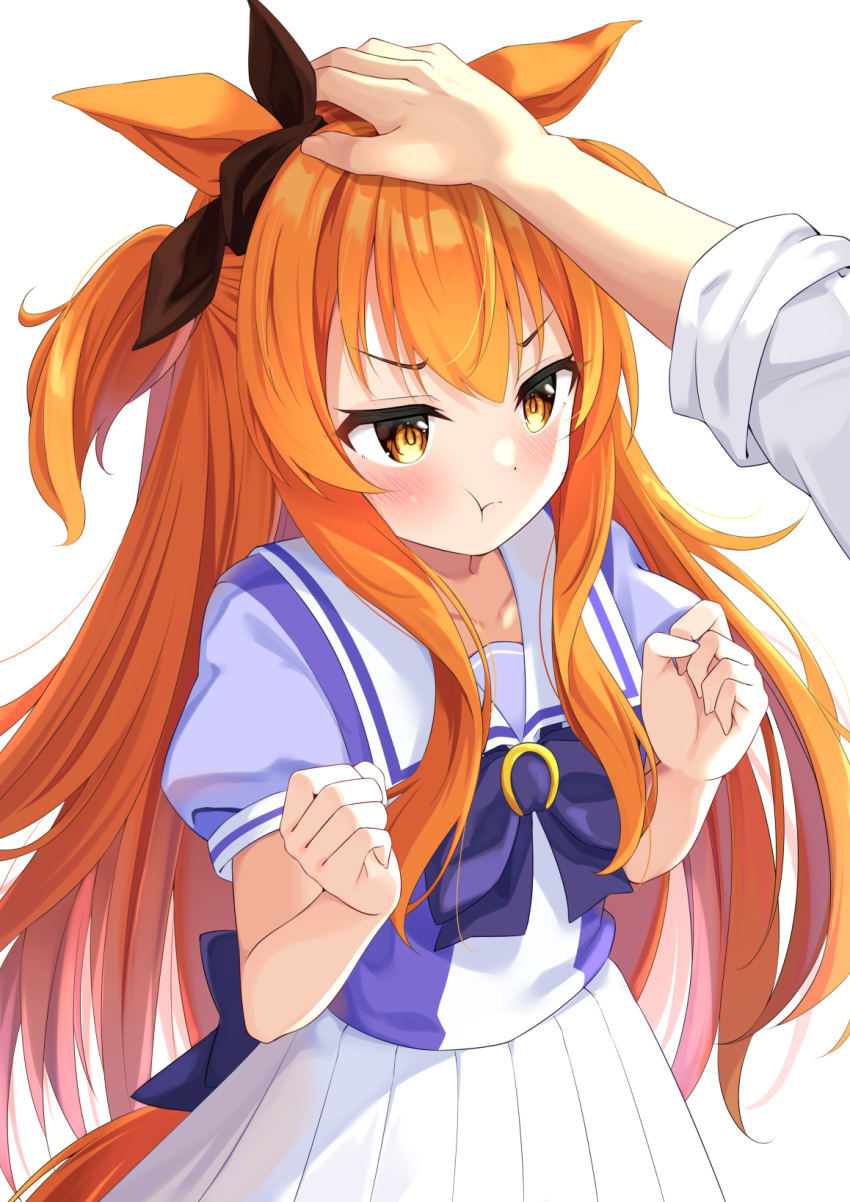 1girl :t animal_ears black_ribbon blush closed_mouth commentary_request ear_ribbon eyebrows_visible_through_hair hand_on_another's_head highres horse_ears horse_girl horse_tail long_hair mayano_top_gun_(umamusume) orange_hair petting pleated_skirt pout ribbon school_uniform short_sleeves simple_background skirt solo syurimp tail tracen_school_uniform twintails two_side_up umamusume white_background white_skirt
