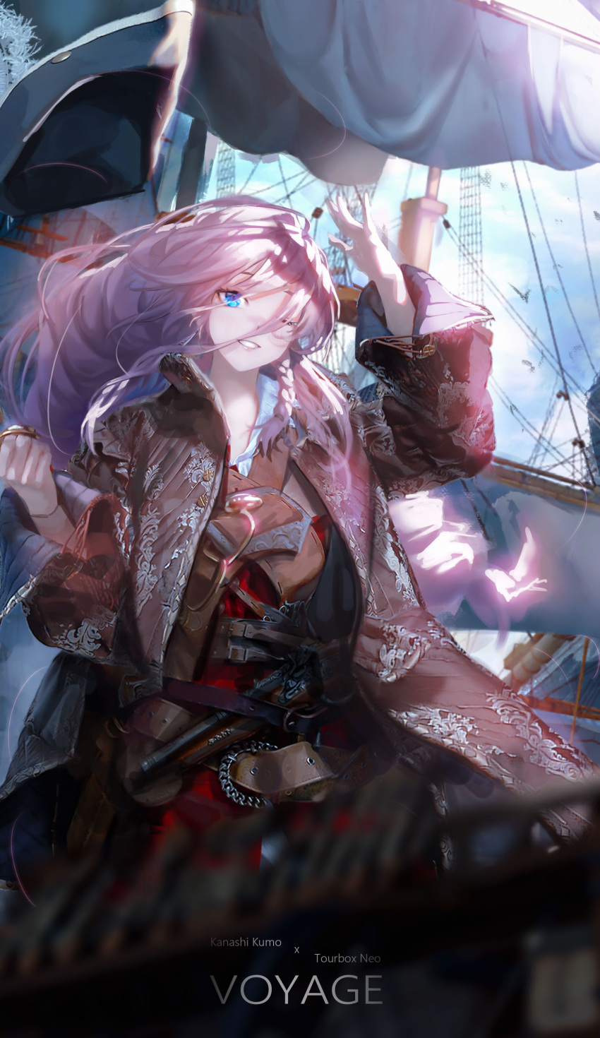 1girl absurdres arm_up bird blue_eyes blue_sky blurry blurry_foreground braid character_request copyright_request cowboy_shot day english_text eyebrows_behind_hair grin gun hair_between_eyes hair_over_shoulder highres holster kanashi_kumo light_blush lips long_hair long_sleeves looking_ahead low_tied_hair one_eye_closed open_mouth outdoors pink_hair pirate_costume pirate_ship sailing_ship seagull ship side_braid single_braid sky smile solo watercraft weapon