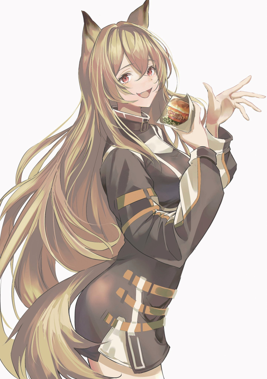 1girl animal_ears arknights bangs blouse brown_hair burger ceobe_(arknights) dog_ears dog_girl dog_tail drmaho1 fang fang_out fast_food food food_wrapper highres holding holding_food long_hair long_sleeves open_mouth red_eyes solo tail waving