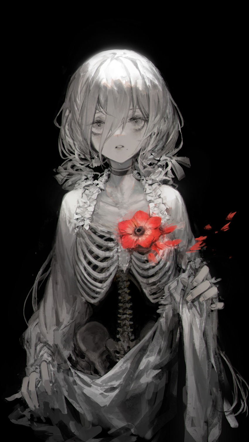 1girl absurdres anemone_(flower) bangs black_background bone choker collarbone commentary cowboy_shot crying crying_with_eyes_open english_commentary flower hair_between_eyes hand_up highres holding huge_filesize long_hair long_sleeves looking_at_viewer monochrome original parted_lips petals red_flower rsef simple_background skeleton solo spot_color standing tears very_long_hair