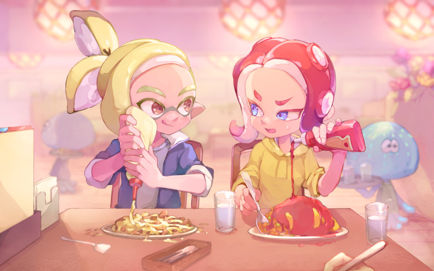 1boy 1girl :q blonde_hair blue_eyes blue_jacket blurry blurry_background brown_eyes closed_mouth cup depth_of_field drinking_glass food highres holding holding_spoon hood hoodie indoors inkling jacket jellyfish_(splatoon) ketchup ketchup_bottle looking_at_another mayonnaise mayonnaise_bottle medium_hair mkakimikan octoling omurice open_clothes open_jacket plate pointy_ears ponytail restaurant sitting sleeves_rolled_up smile splatoon_(series) splatoon_2 spoon suction_cups sweatdrop table tongue tongue_out water wooden_chair wooden_table yellow_hoodie