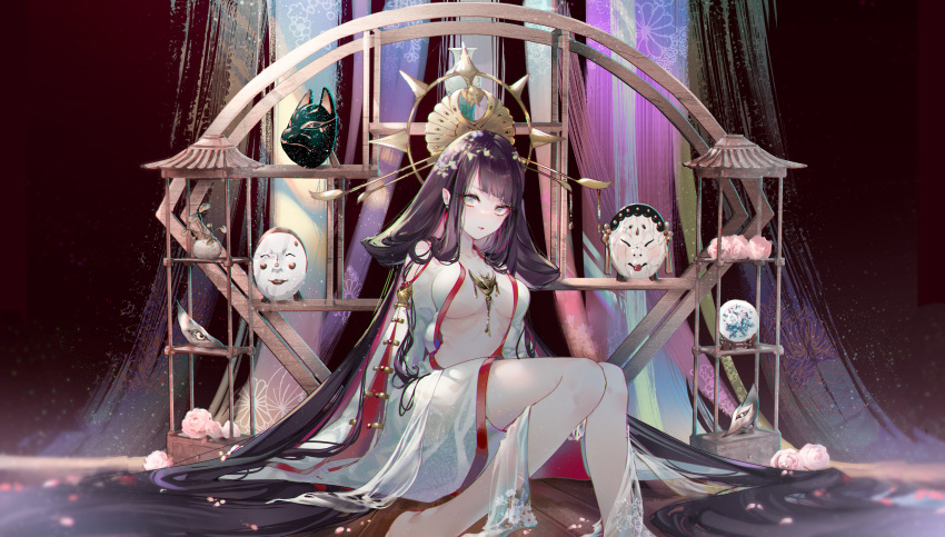 1girl absurdly_long_hair absurdres bangs black_hair blunt_bangs breasts commentary_request english_commentary feet_out_of_frame flower fox_mask grey_eyes hair_ornament highres japanese_clothes kimono kinokohime knees_together_feet_apart large_breasts long_hair long_sleeves looking_at_viewer mask mask_removed menreiki midriff mixed-language_commentary onmyoji onmyouji open_clothes open_kimono orb parted_lips pink_flower pink_rose plant potted_plant rose sidelocks sitting solo very_long_hair white_kimono wooden_floor