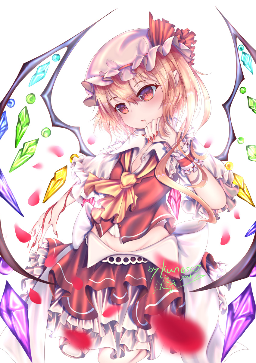 1girl absurdres blonde_hair crystal flandre_scarlet frills hat highres holding mob_cap nail_polish one_side_up red_eyes red_nails simple_background slit_pupils solo touhou white_background white_headwear wings wrist_cuffs