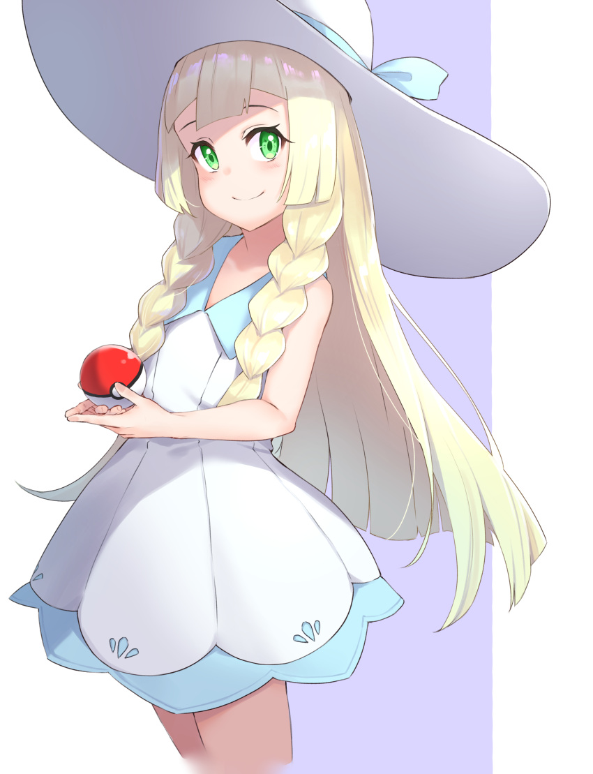 1girl absurdres bangs bare_arms bare_shoulders blonde_hair blush braid closed_mouth collared_dress commentary_request dress eyebrows_behind_hair green_eyes hat highres holding holding_poke_ball lillie_(pokemon) long_hair looking_at_viewer m.tokotsu poke_ball poke_ball_(basic) pokemon pokemon_(game) pokemon_sm purple_background sleeveless sleeveless_dress smile solo standing sun_hat twin_braids two-tone_background very_long_hair white_background white_dress white_headwear