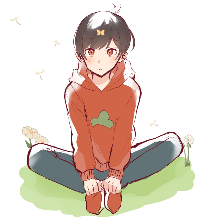 1boy black_hair blue_pants blush commentary_request doodle eyebrows_visible_through_hair flower highres hood hood_down hoodie kitsunehime01 matsuno_osomatsu orange_footwear orange_hoodie osomatsu-san pants red_eyes short_hair solo