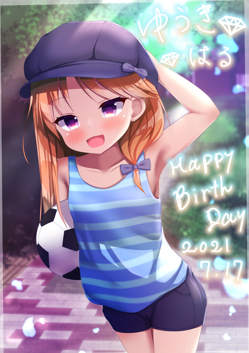 2021 absurdres arm_up armpits atelier_rinoaex ball black_headwear black_shorts blue_tank_top blush brown_hair dated hand_on_headwear happy_birthday hat highres idolmaster idolmaster_cinderella_girls long_hair open_mouth outdoors pink_eyes short_shorts shorts smile soccer_ball striped_tank_top tank_top thighs yuuki_haru