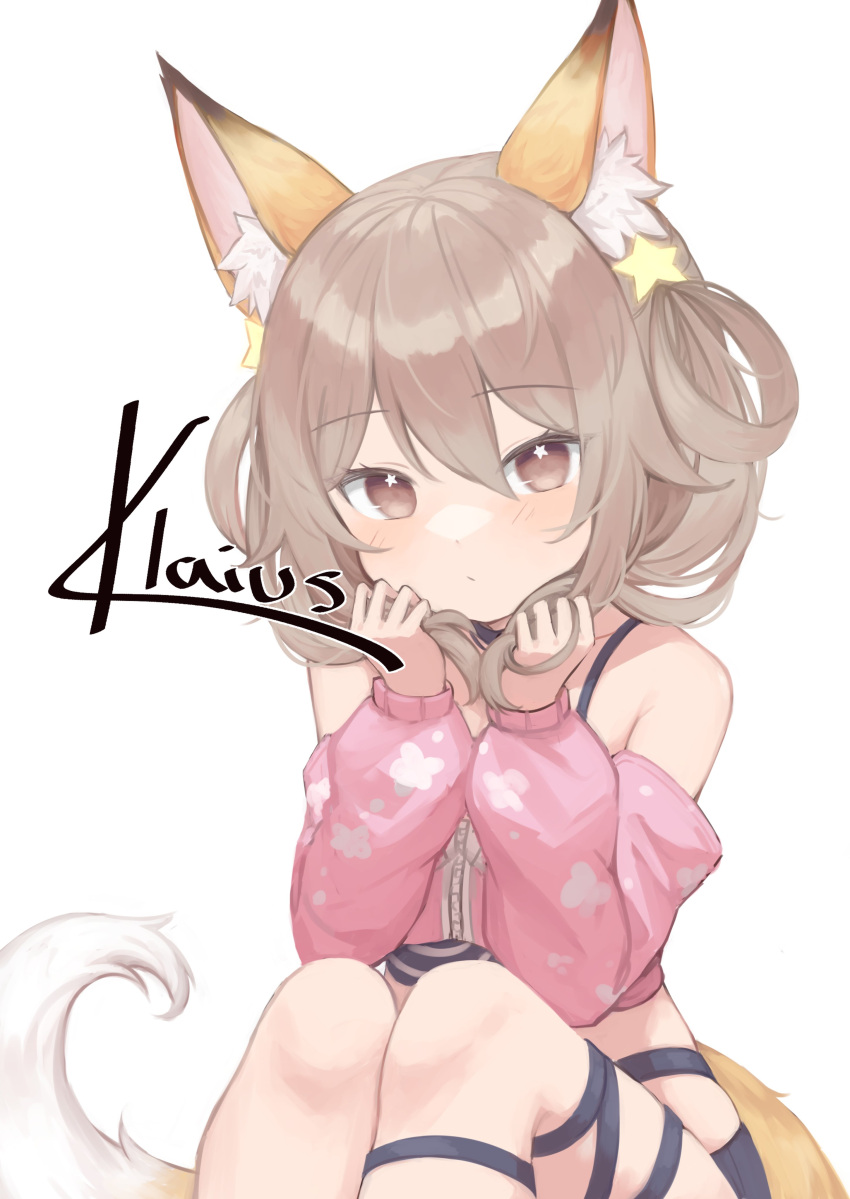 1girl absurdres animal_ear_fluff animal_ears annytf artist_name bangs bare_shoulders closed_mouth commentary commission detached_sleeves english_commentary eyebrows_visible_through_hair fox_ears fox_girl fox_tail hair_between_eyes hair_ornament hair_ribbon highres indie_virtual_youtuber klaius light_brown_eyes light_brown_hair looking_at_viewer medium_hair puffy_detached_sleeves puffy_sleeves ribbon simple_background solo star_(symbol) star_hair_ornament star_in_eye symbol_in_eye tail thigh_strap white_background