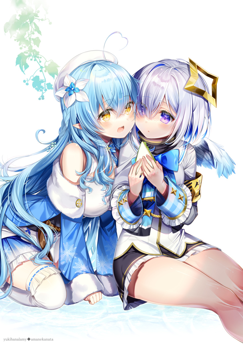 2girls :d all_fours amane_kanata angel angel_wings blue_hair blush cheek-to-cheek chi_no elf feathered_wings food halo highres hololive kneeling looking_at_another looking_at_viewer multiple_girls open_mouth pointy_ears sandwich silver_hair sitting smile star_halo symbol_commentary virtual_youtuber white_wings wings yukihana_lamy