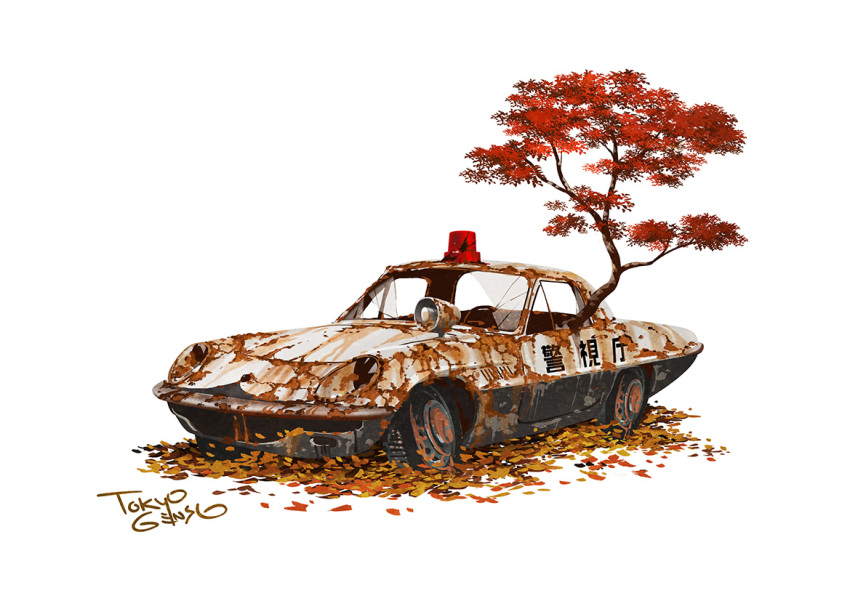 abandoned broken_window car commentary_request ground_vehicle leaf motor_vehicle no_humans original police_car rotating_light rust signature simple_background tire tokyogenso translation_request tree vehicle_request white_background