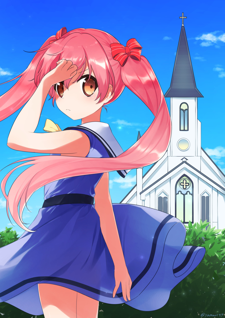 1girl absurdres arm_behind_back arm_up blue_dress brown_eyes church clouds dress dress_tug emanuella_porlallora from_behind hentai_ouji_to_warawanai_neko. highres long_hair looking_back mari_(rodoney-kiara) outdoors pink_hair ribbon sky sleeveless sleeveless_dress solo sundress thighs twintails wind wind_lift