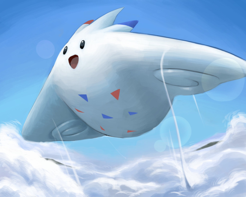 above_clouds animal_focus black_eyes blank_eyes blue_sky blurry bokeh clouds commentary day depth_of_field flying full_body gen_4_pokemon gradient_sky happy highres looking_up midair no_humans open_mouth pokemon pokemon_(creature) rio_(user_nvgr5434) sky smile solo togekiss