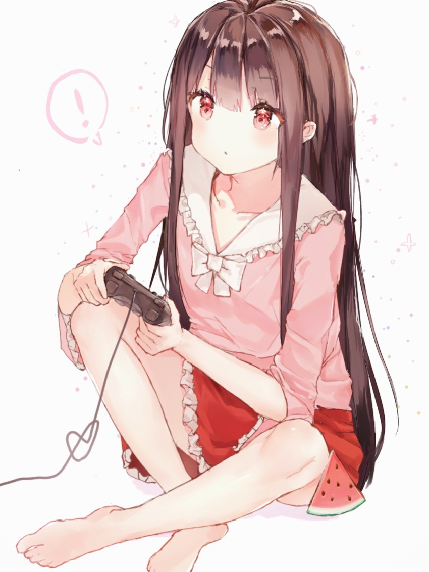 ! 1girl artist_request bangs barefoot bei bow brown_hair closed_mouth controller eyebrows_visible_through_hair eyes_visible_through_hair food fruit hair_between_eyes hands_up highres houraisan_kaguya joystick long_hair long_sleeves looking_to_the_side no_hat no_headwear pink_shirt pink_sleeves red_eyes red_skirt shirt simple_background sitting skirt solo star_(symbol) starry_background touhou very_long_hair watermelon white_background white_bow white_neckwear