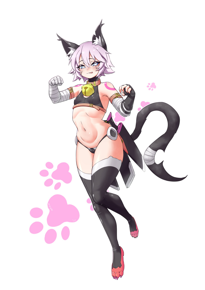 1girl absurdres animal_ears arm_belt bandaged_arm bandages bangs black_gloves black_legwear black_panties blush breasts cat_ears cat_tail crop_top fate/apocrypha fate/grand_order fate_(series) fingerless_gloves full_body gloves green_eyes hair_between_eyes highres jack_the_ripper_(fate/apocrypha) licking_lips looking_at_viewer lowleg lowleg_panties miji_doujing_daile navel open_mouth panties paw_pose scar scar_across_eye scar_on_cheek scar_on_face short_hair shoulder_tattoo simple_background single_glove small_breasts smile solo tail tattoo tongue tongue_out underwear white_background white_hair