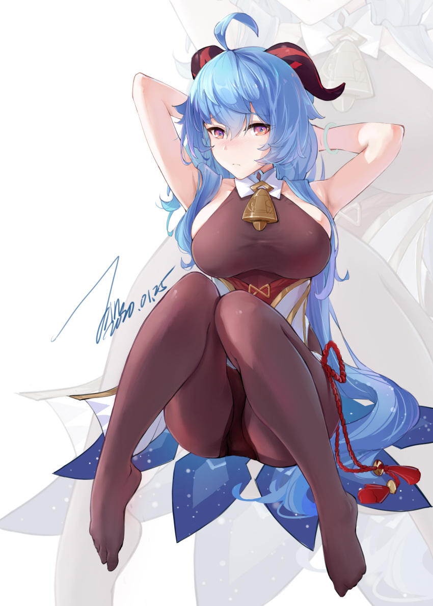 1girl absurdres ahoge armpits arms_behind_head arms_up bangs bare_shoulders bell black_legwear blue_hair blush bodice bodystocking bracelet breasts cowbell dated detached_collar embarrassed feet frown full_body ganyu_(genshin_impact) genshin_impact goat_horns hair_between_eyes highres horns janload1ng jewelry knees_together_feet_apart large_breasts long_hair no_shoes sitting solo very_long_hair violet_eyes