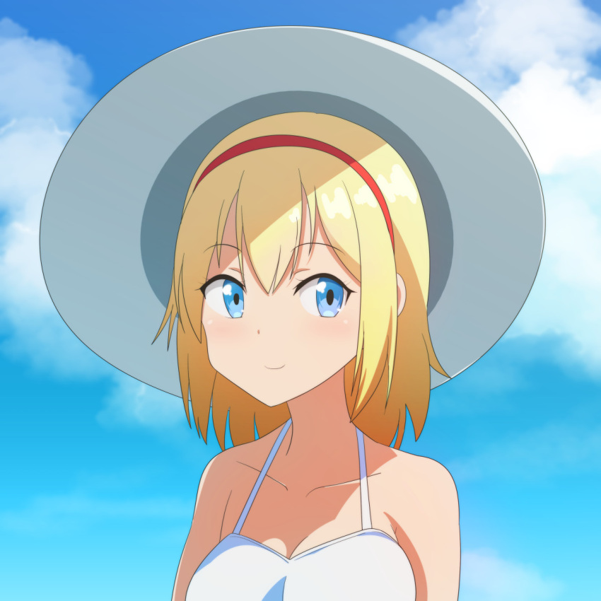 1girl alice_margatroid bangs bare_shoulders blonde_hair blue_eyes blue_sky breasts cato_(monocatienus) clouds collarbone commentary hairband hat highres large_breasts looking_at_viewer medium_hair portrait red_hairband sky smile solo sun_hat touhou white_headwear