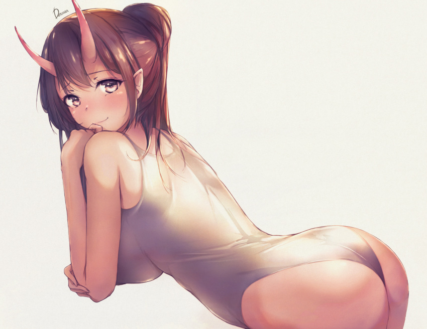 1girl ass azur_lane back bangs bare_shoulders blush breasts brown_eyes brown_hair closed_mouth commentary_request dermar eyebrows eyebrows_visible_through_hair from_behind from_side hair_bun hand_on_own_chin hand_on_own_elbow head_tilt highres horns izumo_(azur_lane) large_breasts legs_together long_hair one-piece_swimsuit oni oni_horns pointy_ears ponytail sideboob sidelocks simple_background smile solo swimsuit white_background white_swimsuit