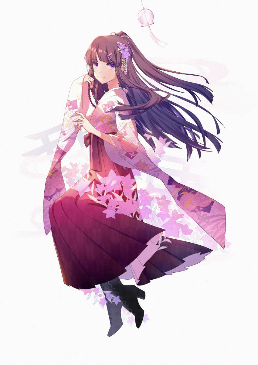 1girl absurdres bangs black_footwear boots closed_mouth full_body hair_between_eyes hair_ornament highres honkai_(series) honkai_impact_3rd japanese_clothes kimono long_hair long_sleeves looking_at_viewer pink_kimono ponytail purple_hair raiden_mei simple_background smile solo violet_eyes white_background wind_chime xunxia