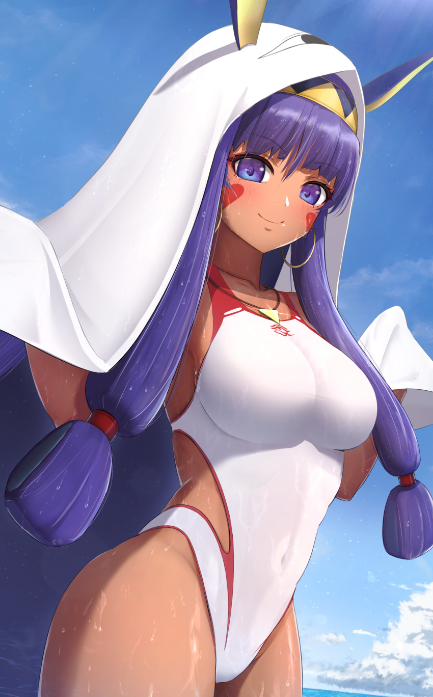 1girl absurdres animal_ears blue_sky breasts clouds cosplay covered_navel cowboy_shot dark-skinned_female dark_skin day earrings facial_mark fate/grand_order fate_(series) highres hoop_earrings jackal_ears jewelry large_breasts long_hair medjed_(fate) medjed_(fate)_(cosplay) nitocris_(fate) nitocris_(swimsuit_assassin)_(fate) one-piece_swimsuit outdoors particle_sfs purple_hair sky solo swimsuit violet_eyes white_swimsuit